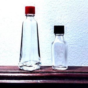 Vintage Set of 2 MINI Glass Collector Bottles ~ Red & Black Plastic Screw Caps